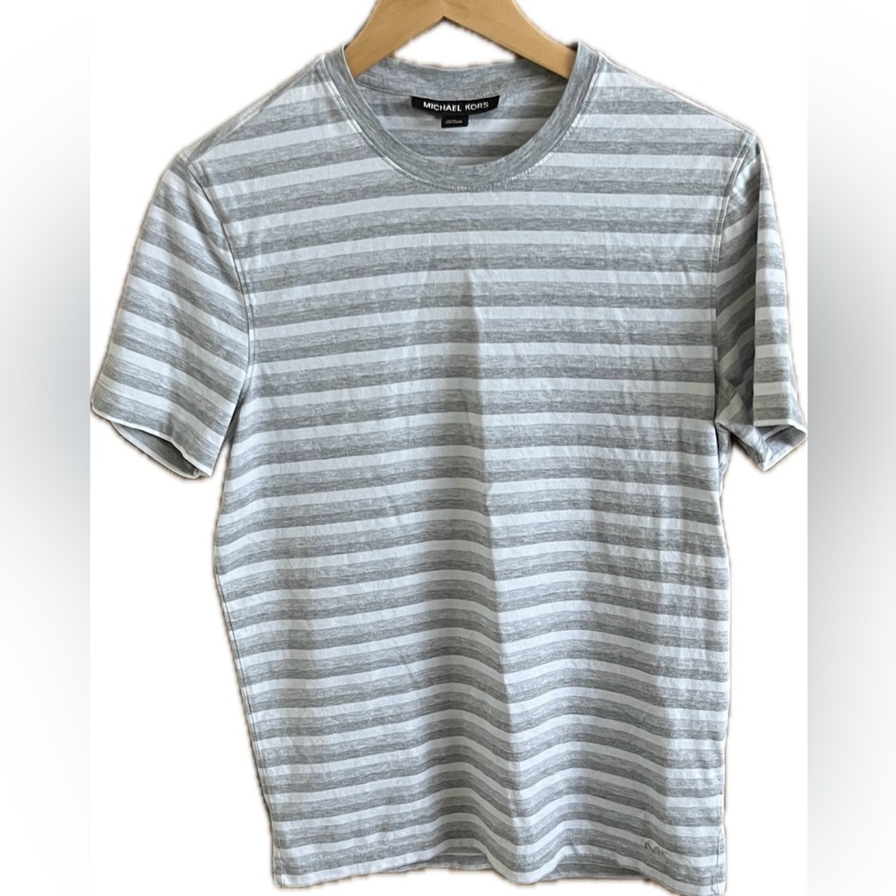 Michael Kors 100% cotton woman’s dk. gray lt. gray and white striped T. Size S